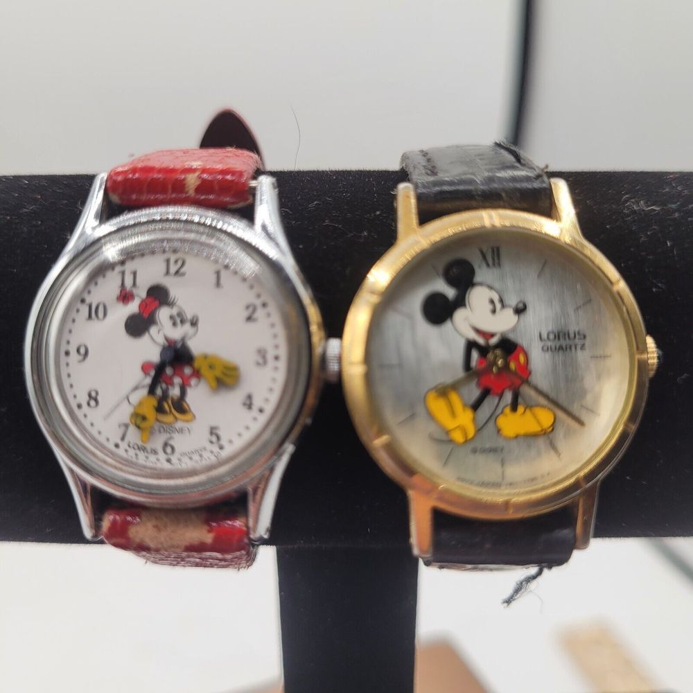 VTG Disney SET Minnie + Mickey‎ Mouse Lorus Watches V515-6080 V811-1410 NEW BATT
